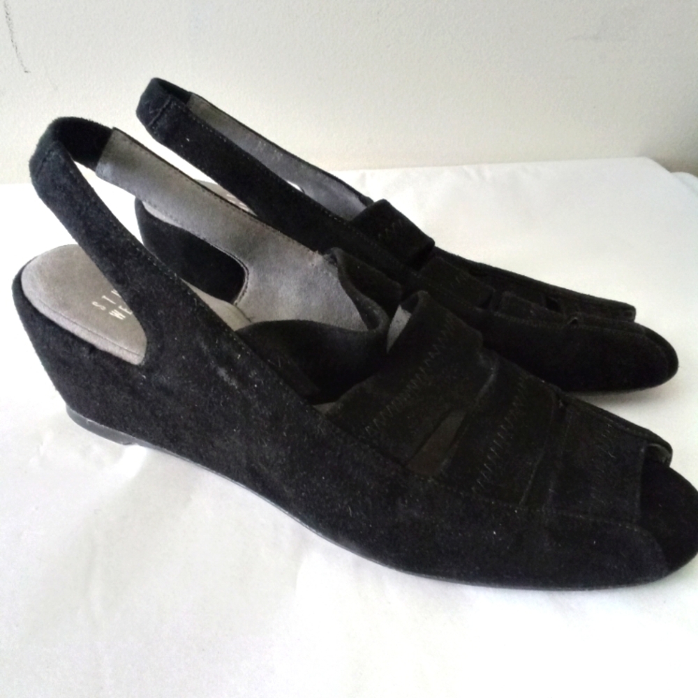 Stuart Weitzman Spando Black Nubuck Suede Strappy Slingback Wedges 7.5 M $398